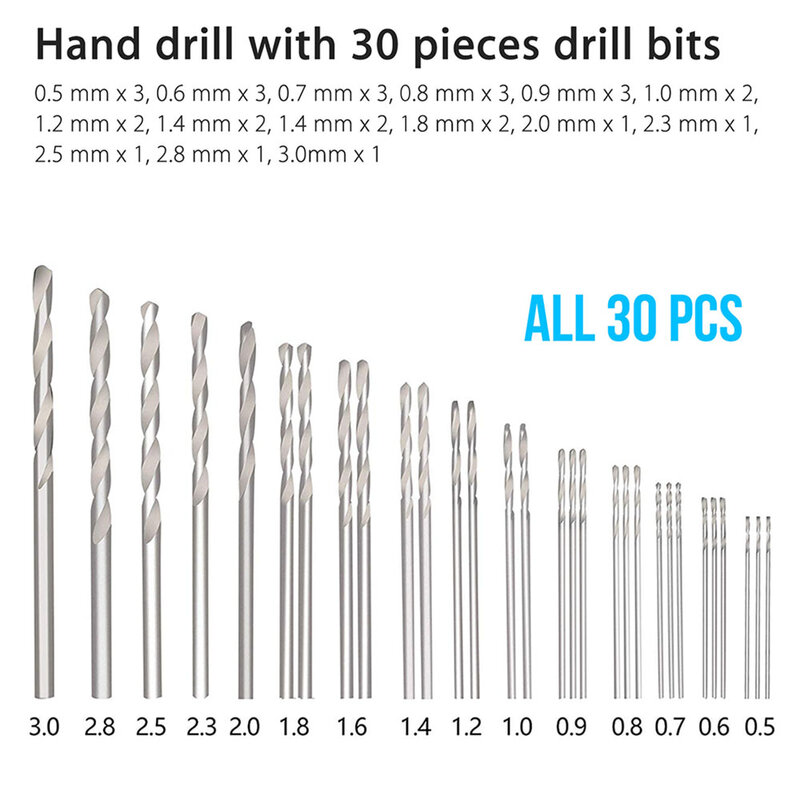 Precisão Pin Vise Hobby Drill Bits, Mão Rotary Tools Set, 0,5mm, 0,6mm, 0,7mm, 0,8mm, 0,9mm, 1mm, 1,2mm, 1,4mm, 31pcs