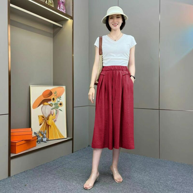 Celana kantor wanita lurus longgar, pakaian wanita mode Panjang betis baru 2024 polos, celana kaki lebar pinggang elastis musim panas nyaman