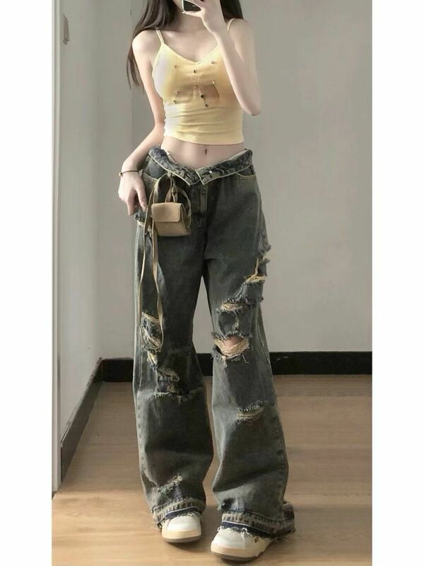 Рваные джинсы в Корейском стиле, винтажные мешковатые женские джинсовые брюки оверсайз в стиле хип-хоп, американские уличные ретро брюки