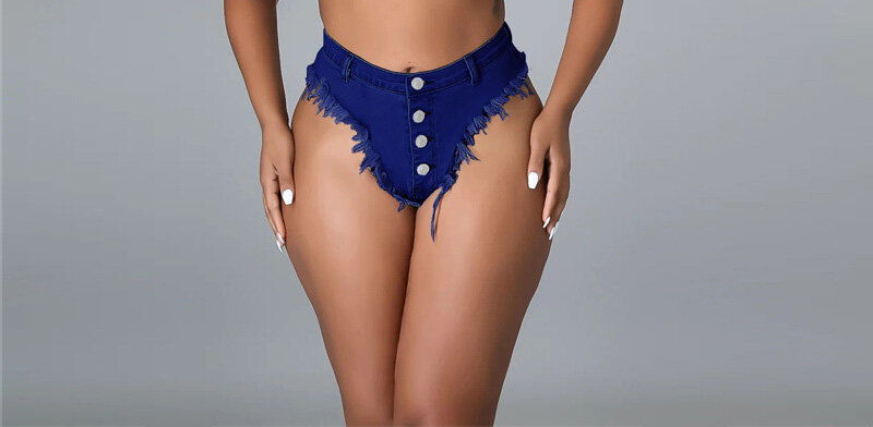 Pantalones cortos de mezclilla para mujer, shorts de cintura baja con borlas, Sexy, botón, Tanga, novedad de verano, 2023