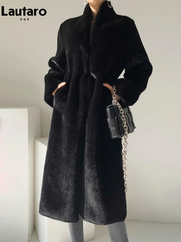 Lautaro-abrigo de piel de visón sintético para mujer, abrigo largo de lujo, elegante, grueso, cálido, mullido, suave, con cuello levantado, 2023