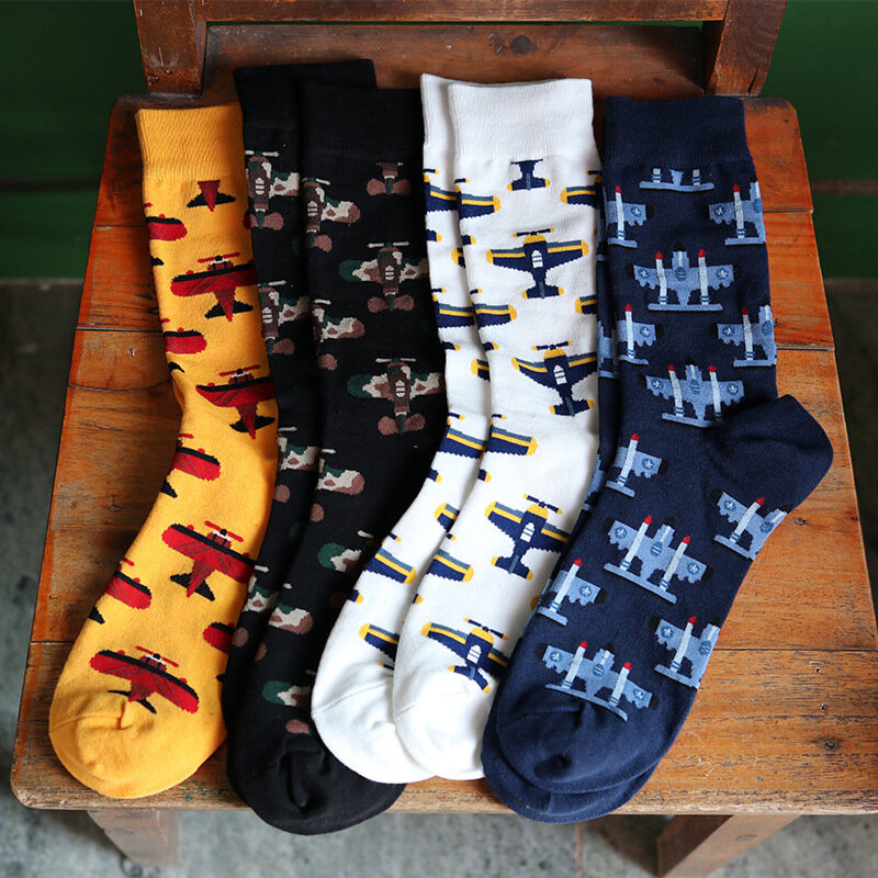 New cartoon small plane socks men's socks mid-tube cotton socks trend skateboard socks socks men