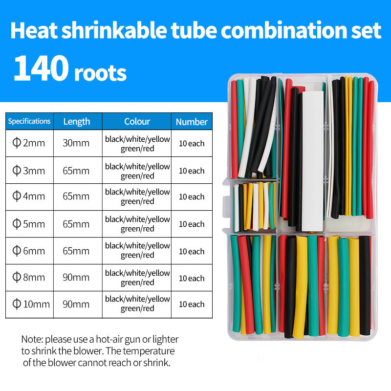 Kit de tubos termorretráctiles de 140 piezas, Tubo termorretráctil 2:1, Cable de aislamiento, surtido de tubos retráctiles con caja