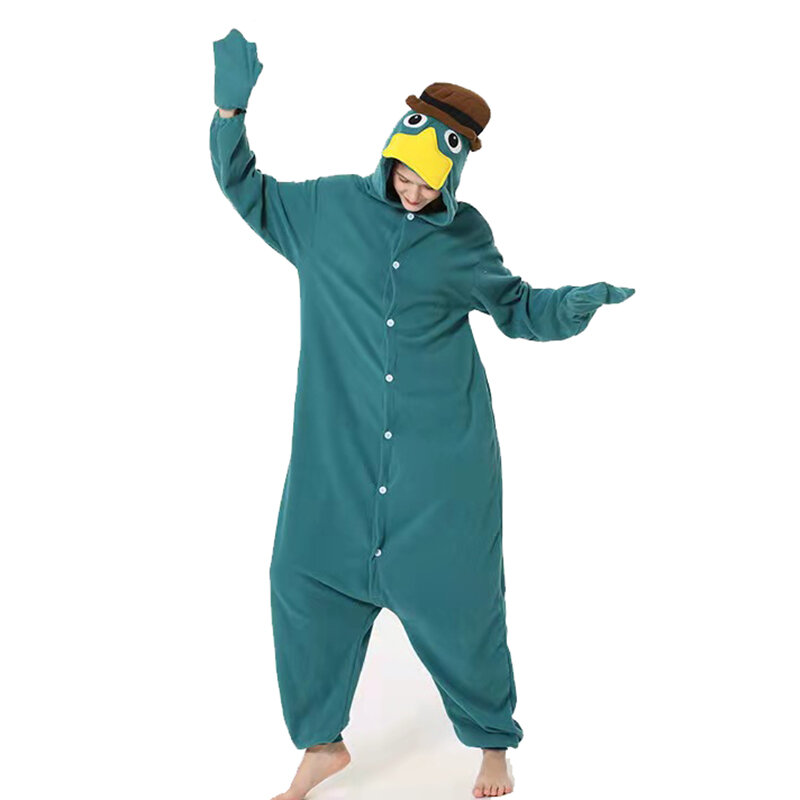 Nieuwe Vogelbekdier Pyjama Vrouwen Mannen Rompertjes Voor Volwassenen Groene Fleece Pijama Cartoon Kigurumi Anime Cosplay Kostuum Een Stuk Nachtkleding