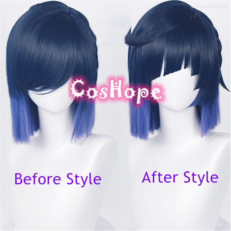 Yelan Peluca de Cosplay de Anime, peluca corta de gradiente negro y morado, pelucas sintéticas resistentes al calor, 36cm