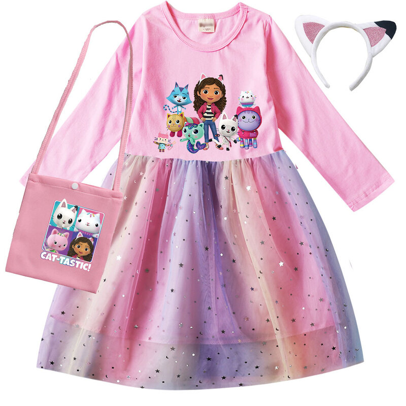 Gabby's Dollhouse Cosplay Costume para meninas, vestido casual infantil, bolsa, bandana, roupas infantis, vestidos de desenhos animados, Gabby Cats, outono