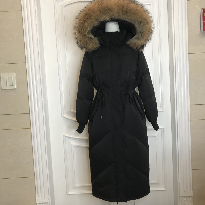 Rosyjskie zimowe płaszcze puchowe solidne z kapturem damskie grube bufiaste kurtki kołnierz z futra lisa ściągane sznurkiem Casual długa odzież wierzchnia płaszcze