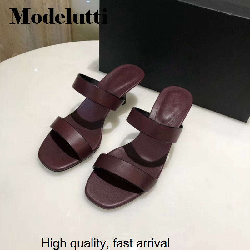 Verão 2023 nova moda couro genuíno stiletto meados de salto alto dedo do pé aberto sandálias femininas cor sólida sapatos simples feminino
