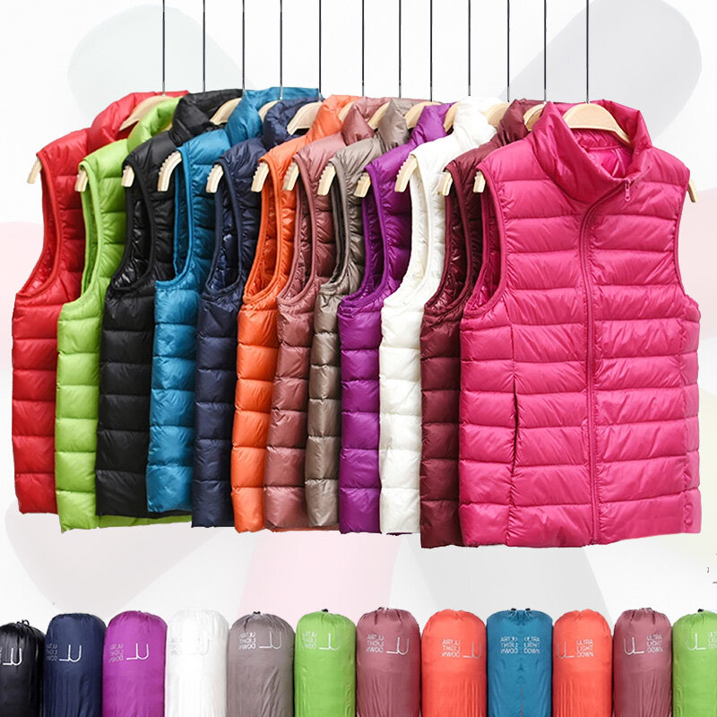 Chaleco de plumón corto sin mangas para mujer, chaqueta cálida, chaleco ligero clásico, Multicolor, moda, invierno, 2023
