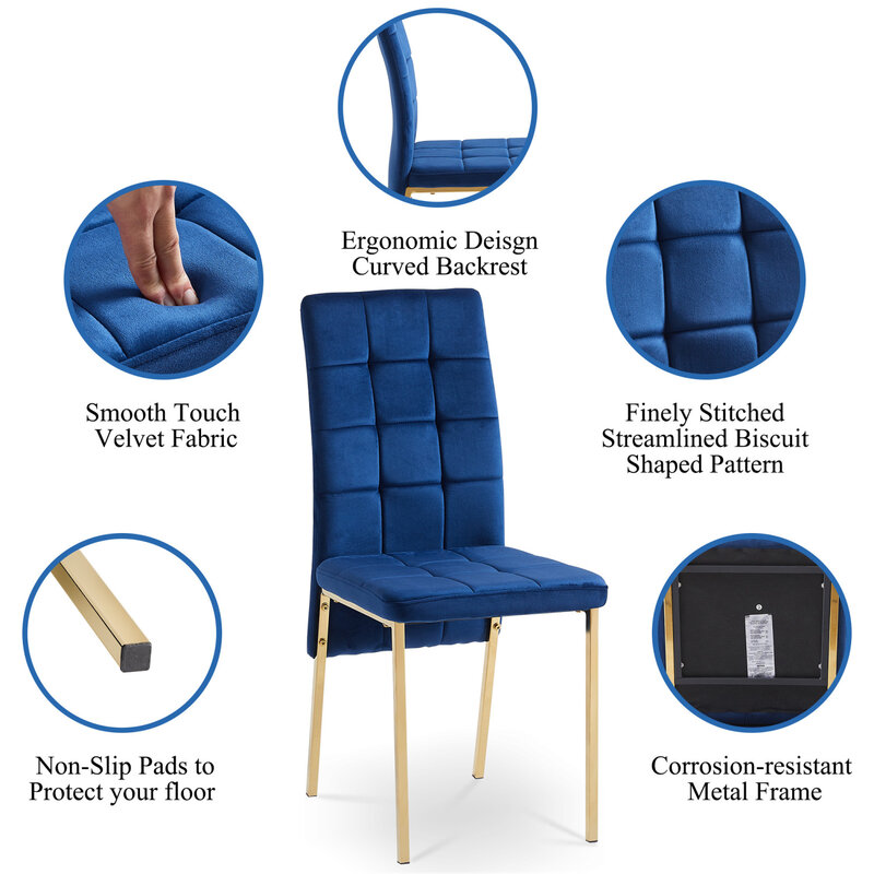 ชุดเก้าอี้ทรงโมเดิร์นนอร์ดิกหลังสูงกำมะหยี่สีน้ำเงินเข้มทันสมัย4ชิ้นพร้อมขาสีทองที่สวยงาม