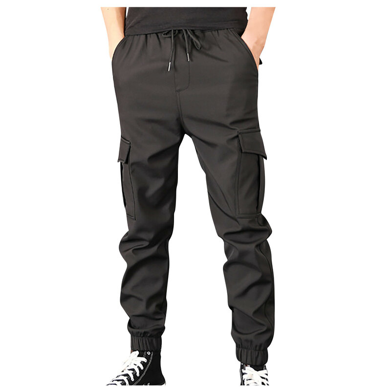 กางเกงคาร์โก้เอวกลางสำหรับเทรนด์ผู้ชายแฟชั่นกางเกงสีทึบกางเกงสไตล์สตรีทลำลองกลางแจ้งมีกระเป๋า
