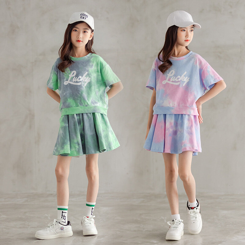 Summer Girls Print Sets 2024 New Kids Trends Letter Suits Teens Casual Top+Skirt 2Pcs Children Fashion Short Sleeve Clothing