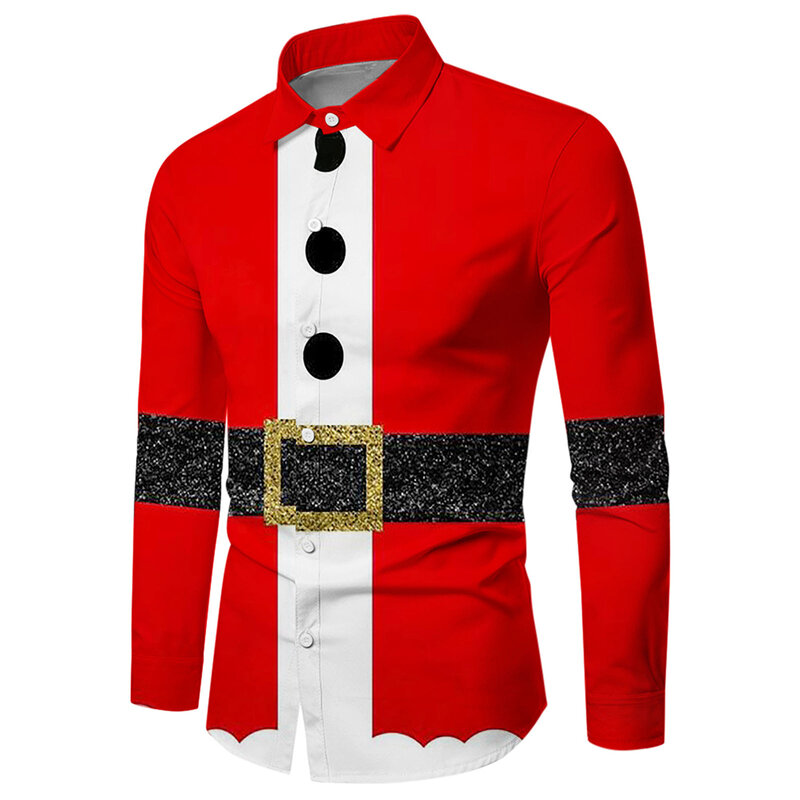 Mannen Button Down Shirt Kerst Casual Lange Mouw Party T Dress Up Top Blouse Santa Claus Festival Shirt Mode Heren Kleding