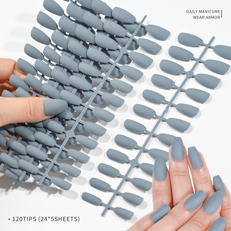 120Pcs-Matte Grey Color Short Ballet Fake Nails Full Cover Acrylic Nails Press On Nail Medium Matte Solid Manicure for Women DIY