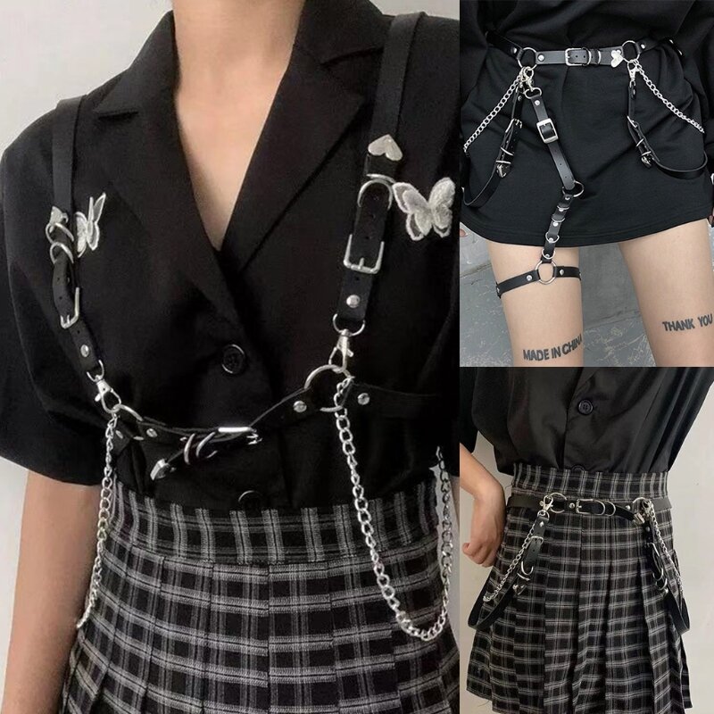 Sabuk Rantai Kulit Imitasi Hitam Rok Rantai Tubuh Seksi Gotik Pinggang Gaya Punk untuk Perhiasan Tari Pengekang Tubuh