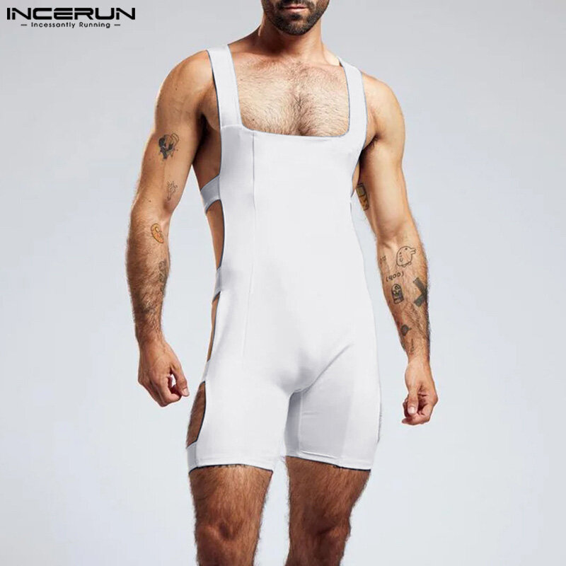 INCERUN jumpsuit pria, jumpsuit seksi mode sisi berlubang ketat elastis santai padat tanpa lengan sudut datar S-5XL 2024