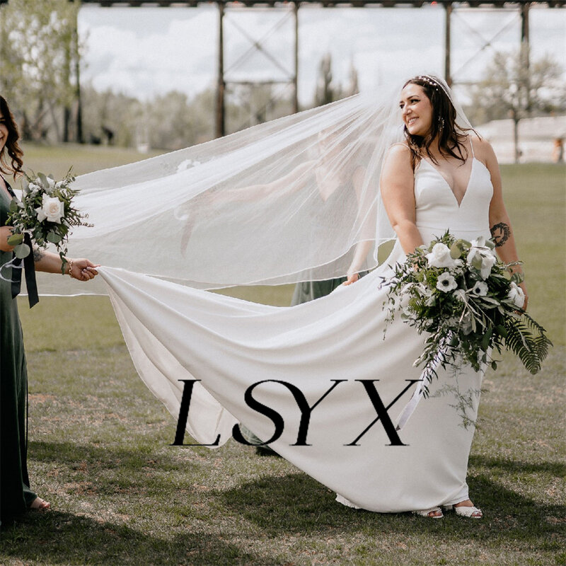 LSYX-Strapless Open Back Wedding Dress, simples profunda V-Neck Crepe, sem mangas, A-Line, até o chão, vestido de noiva, Custom Made