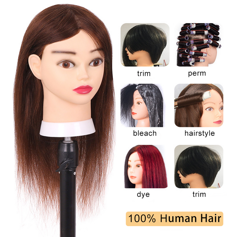 Cabeza de Maniquí de cabello humano 100% para peluquería, cabeza de muñeca para práctica de peinados
