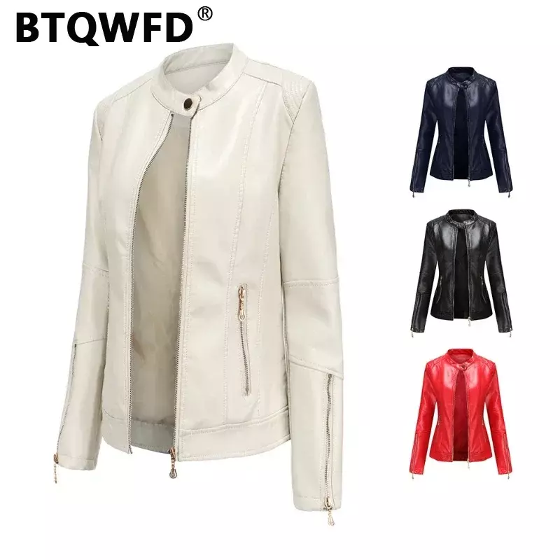 BTQWFD-jaquetas de manga comprida de couro para mulheres, casacos de motociclista, roupas femininas, moda outwear, novo, primavera, outono, 2023