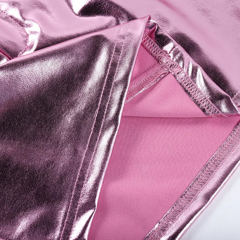 Falda corta de cintura alta para mujer, ropa de discoteca de aspecto húmedo, color rosa, con bolsillos, Sexy