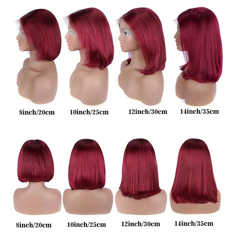 Peruca completa de Bob Frontal para mulheres negras, cabelo humano, vermelho escuro, cor Borgonha, corte sem corte, osso reto, curto, 13x4, 99J