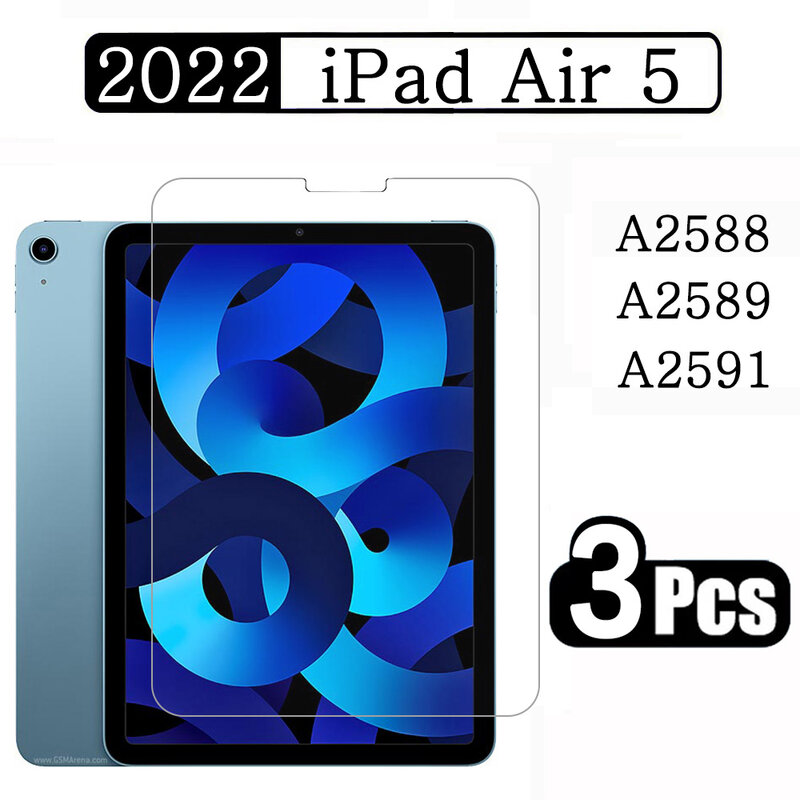 Vidro Temperado para Apple iPad Air 5, Filme Protetor de Tela Tablet, 5ª Geração, Ar 5, A2588, A2589, A2591, 3 Pacotes