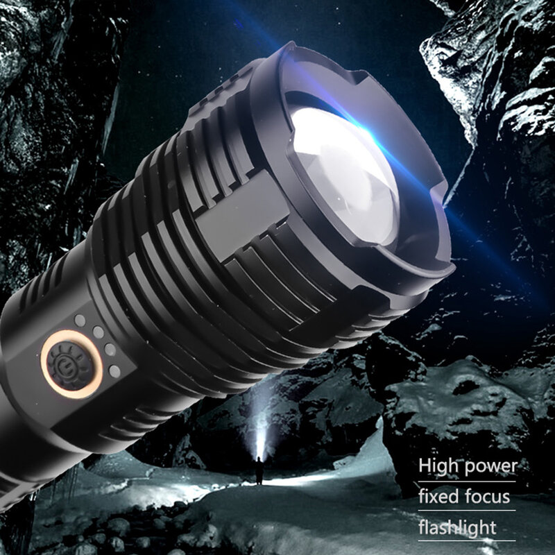 USB de Alta Potência Recarregável Lanterna LED, Luz da Tocha, Tiro Longo, Ultra Poderosa, Ao Ar Livre, Caminhada, Suprimentos de Acampamento, Zoom