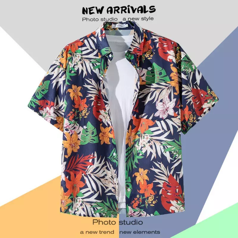 Men's Hawaiian Shirt Lapel Button Fashion Printing Short Sleeve Flower Shirt Retro Hong Kong Summer Holiday Beach Shirt