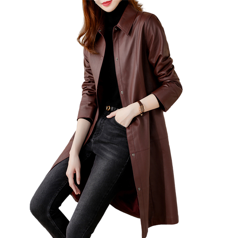 Leather Trench Women's Spring Autumn Lapel Collar Wine Red Sheepskin Long Coat OL Genuine Trench Overcoat