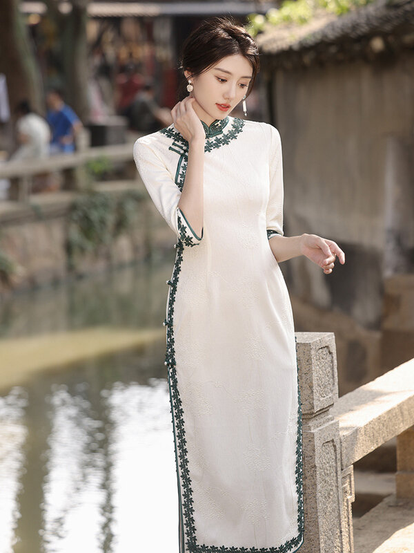 FZSLCYIYI 빈티지 레이스 아플리케 만다린 칼라 7 포인트 소매 쉬폰 치파오 중국 치파오 여성 웨딩 드레스