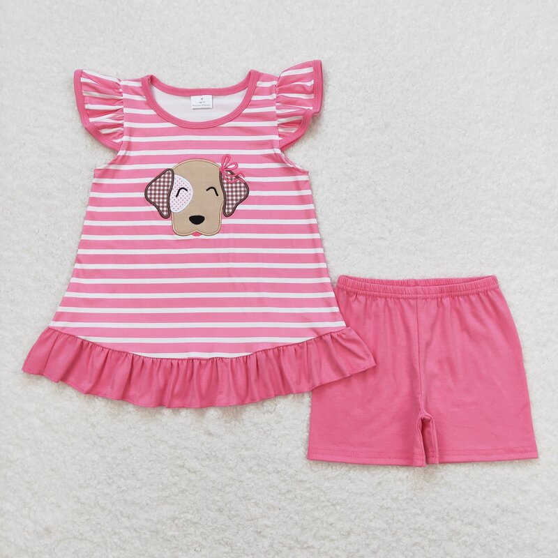 Wholesale Kids Short Sleeves Embroidery Shirt Shorts Baby Boy Girl Outfit Children Summer Dog Animals Two Pieces Toddler Set