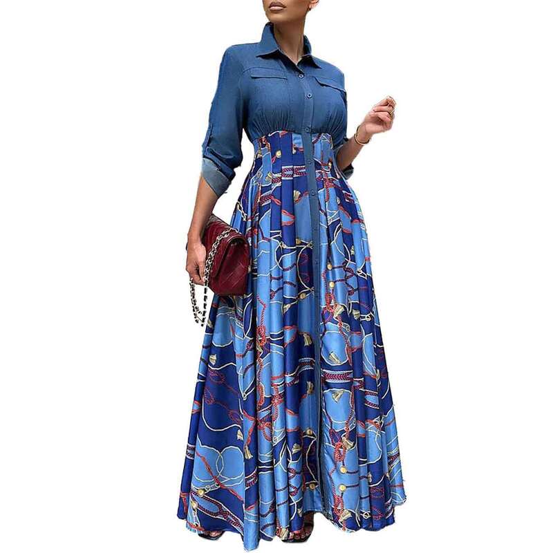 Gaun Maxi panjang untuk wanita, Gaun panjang Afrika bercetak lengan panjang poliester merah biru musim gugur musim dingin, pakaian Afrika