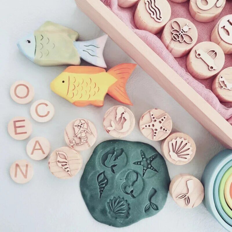 Handmade madeira Montessori Dough Stamps para crianças, Open Ended Play brinquedos com selos para crianças, jogo educativo precoce, 6pcs por conjunto