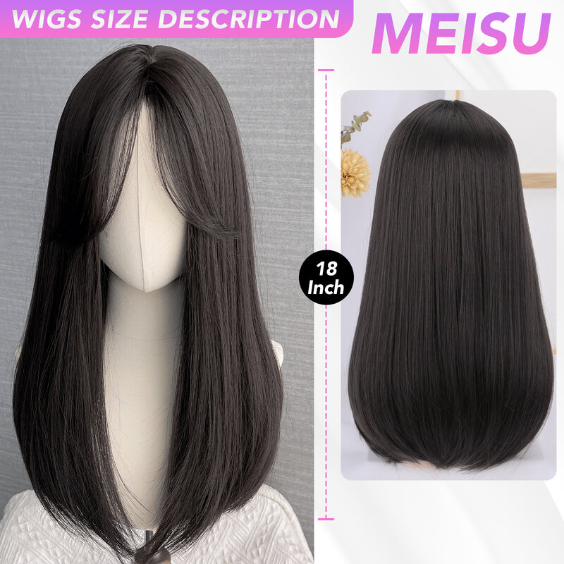 MEISU18 인치 블랙 스트레이트 앞머리 가발, 섬유 합성 가발, 내열성 눈부심 방지 천연 코스프레 헤어피스, 여성용 일상 사용