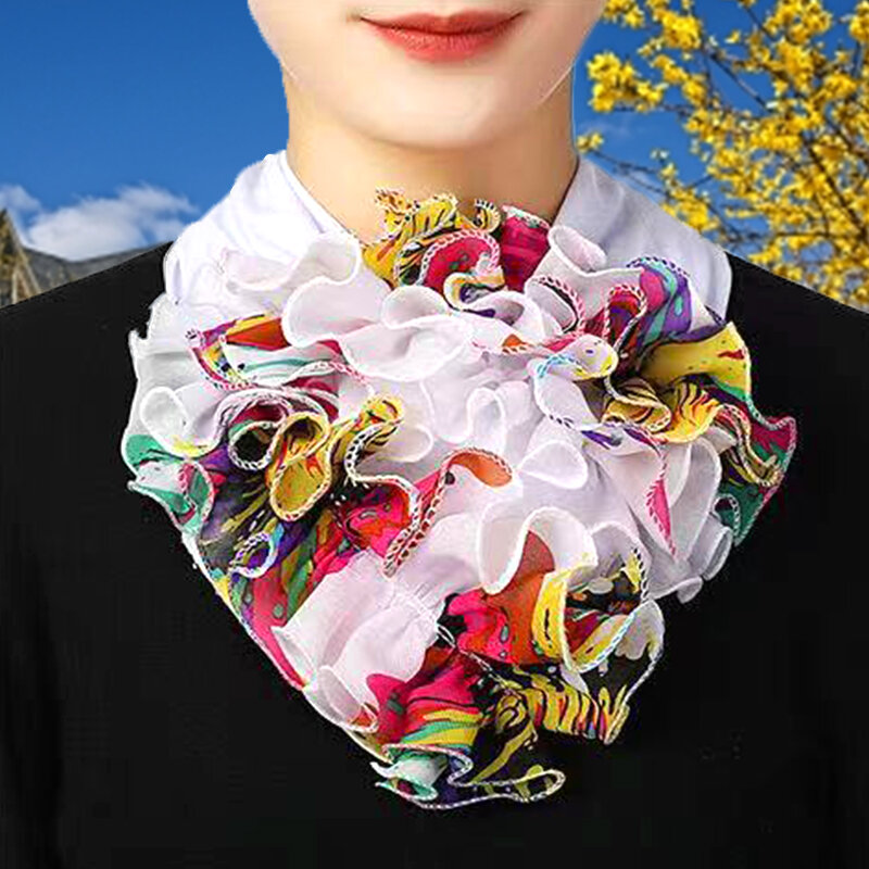 Women Headband Floral Print Chiffon False Collar Neck Scarf Ruffles Neckerchief Detachable Elegant Elastic Warm