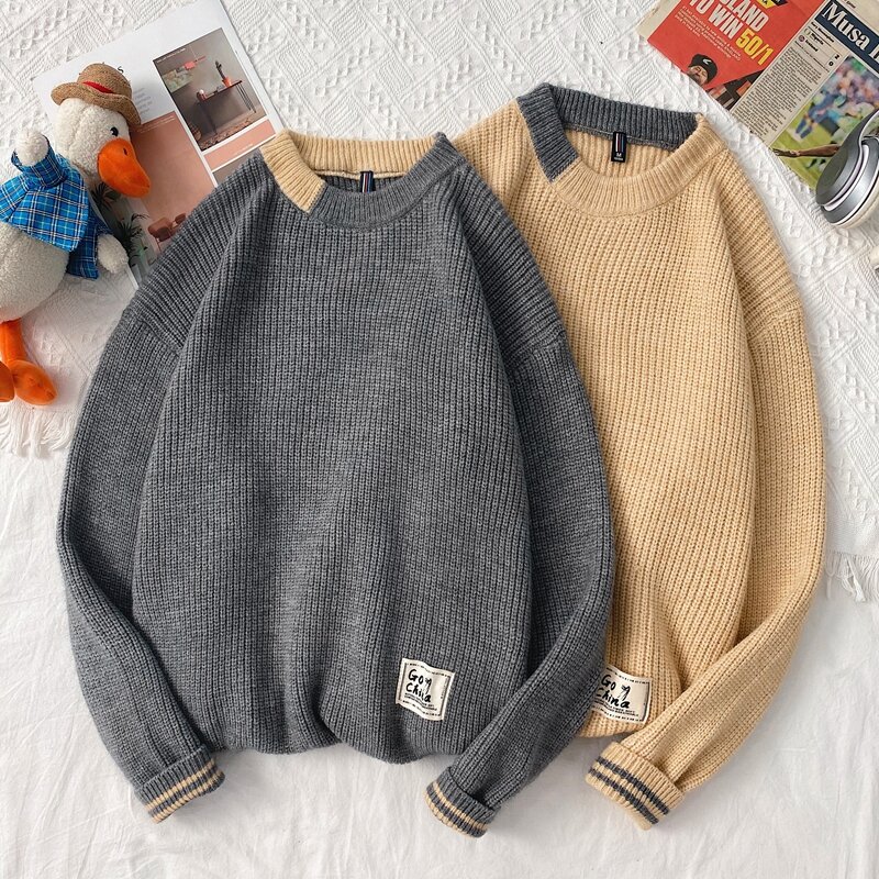 Autumn and Winter New Men Round Collar Pullover Sweater Fashion Solid Color Thick Bottoming Shirt Harajuku Korean Male Clothes