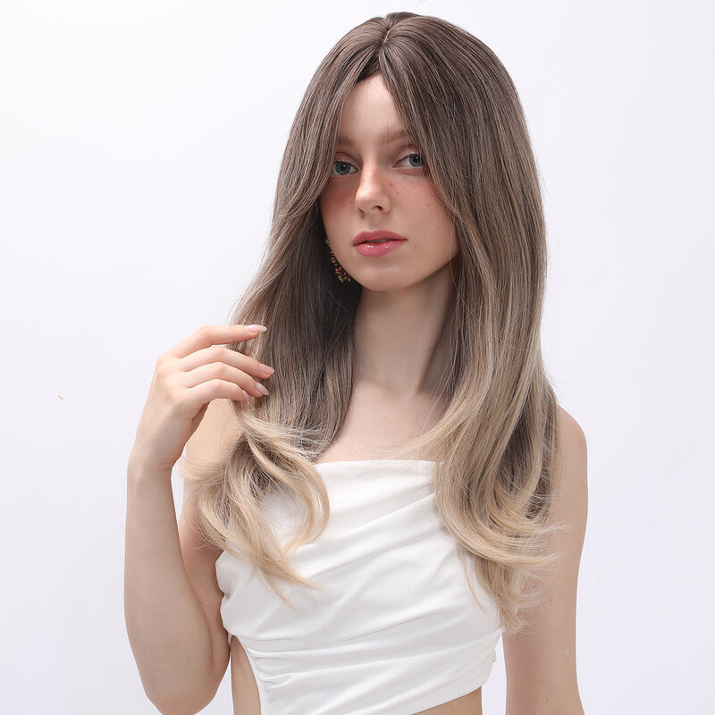 Wig sintetis tahan panas alami Cosplay rambut palsu bagian tengah berombak panjang Platinum pirang terang 24 inci untuk wanita