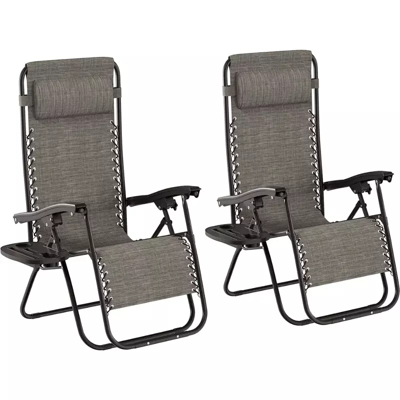 Składane krzesło szare krzesła zerowe-zestaw 2 składanych foteli antygrawitacyjnych-stolik uchwyt na kubek i poduszkę-do wylegiwania się na plaży