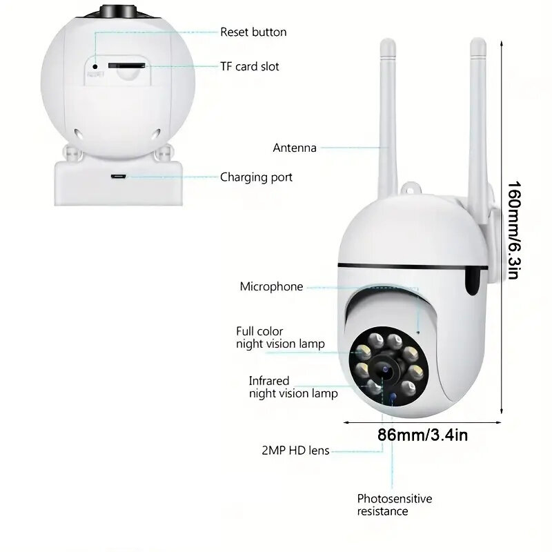 Cámara de seguridad HD 1080P, cámara de vigilancia de 355 °, visión nocturna, detección de movimiento, sirena, WiFi, Audio bidireccional remoto, Waterproo