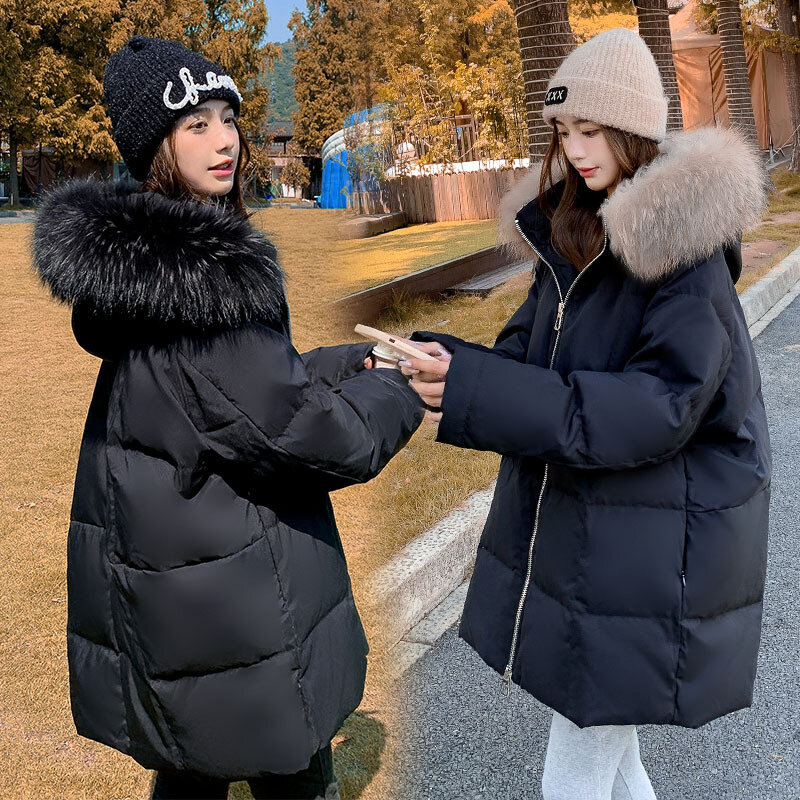 Jaqueta feminina para baixo gola de pele de guaxinim inverno versão coreana solto modelos de comprimento médio casaco casacos outwear com capuz quente