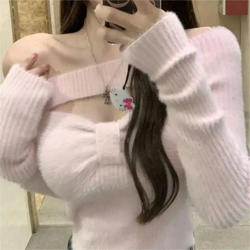 2023 wiosenna elegancki sweter damska casualowa jednolita koreańska sweter z dzianiny z długim rękawem słodka miękki sweter kobieca krótkie bluzki Y2K