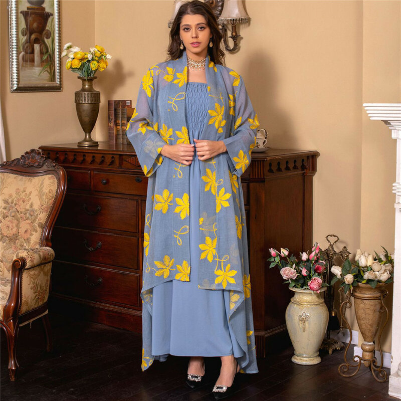 Dubai Set pakaian bordir jaring untuk wanita, Set baju Kimono dan Abaya tali 2 potong, Kaftan Islami, jubah Lebaran Ramadan Jalabiya