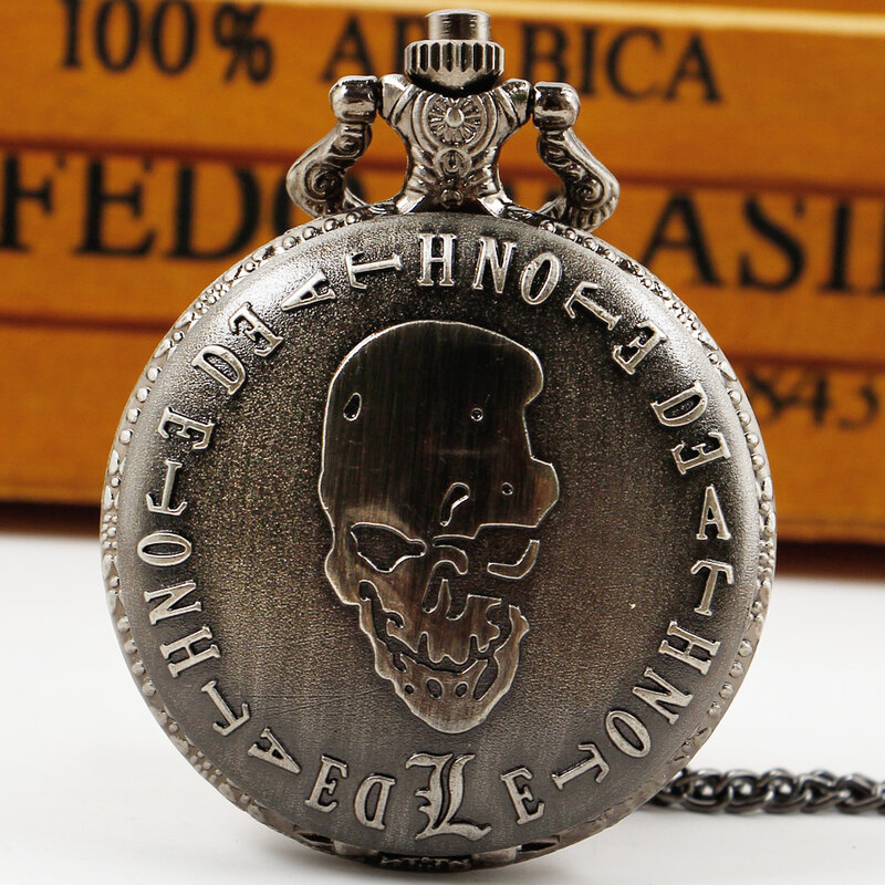 Retro Gray Theme Pocket Watches with Necklace Chain Cool Skull Fob Watch Cosplay Gifts for Boys Children Kids Gift