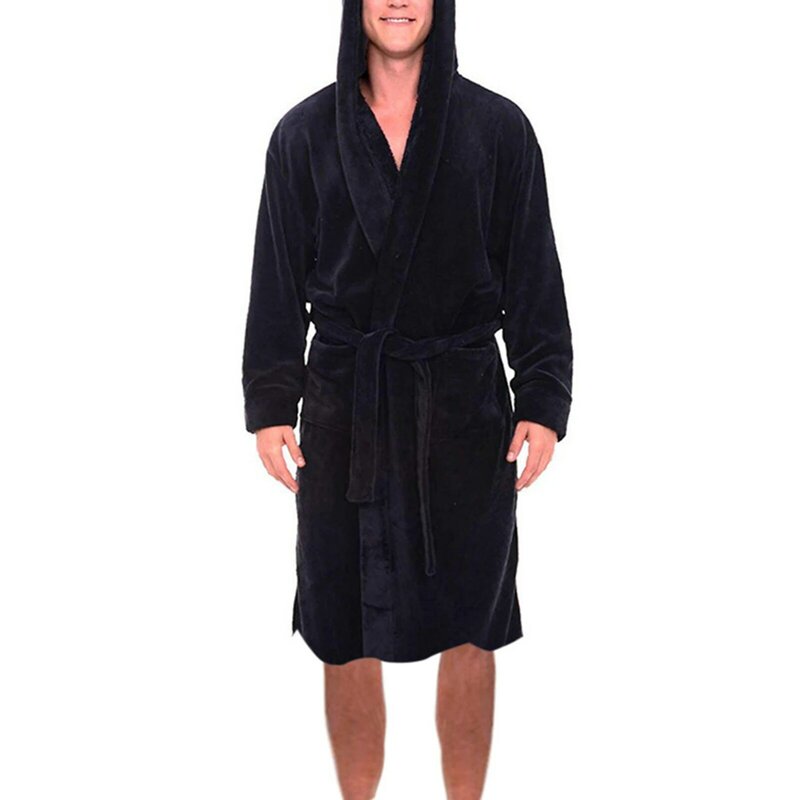 Men Nightgown Comfortable Soft Men Coral Fleece Long Bath Robe Waist Lace-up Ankle Length Men Bathrobe for Daily Life