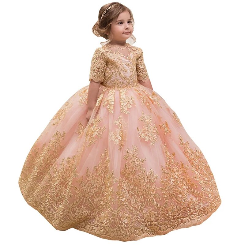 Luksusowa złote aplikacje koronkowe ślubny kwiat dziewczęca sukienka z pół rękawem designerska suknia balowa sukienka na studniówkę do sukni urodziny dzieci