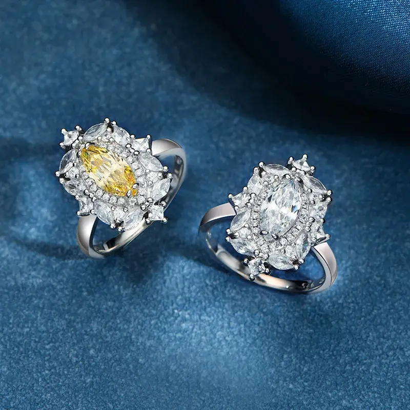 Anillo de plata de ley S925 para mujer, anillo de diamante de ojo de caballo amarillo de ganso, sensación de gama alta, pequeño y versátil, 5x10, nuevo