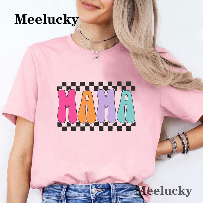 Camisetas versátiles con estampado de letras de mamá a cuadros brillantes, tops deportivos informales holgados de manga corta con cuello redondo para verano