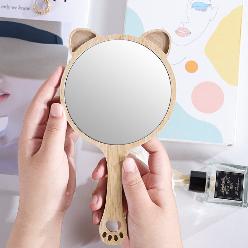 مرآة بمقبض فني خشبي لغرفة الاستحمام لوازم مرآة مكياج محمولة مع مقبض صالون سبا مرايا مدمجة