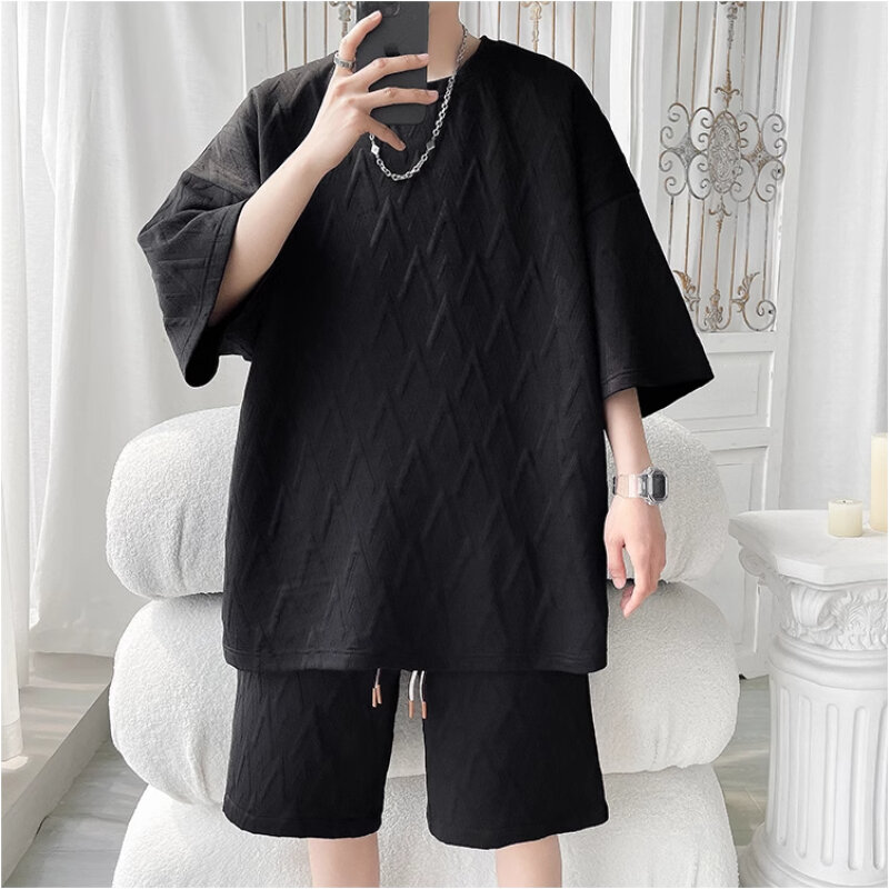 2024 Summer Men's Textural Sense Tide Casual T-Shirt and Shorts Sets Male Sports Set Solid Color Tracksuit Loose Suits Size 5XL