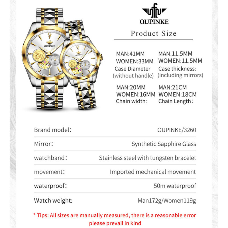Механические наручные часы OUPINKE для мужчин и женщин, роскошные оригинальные наручные часы швейцарского бренда с бриллиантами, водонепроницаемые часы, 3260